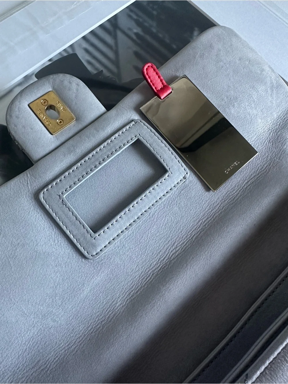 CHANEL Quilted Lambskin Shoulder Bag in Light Gray with Gold Hardware